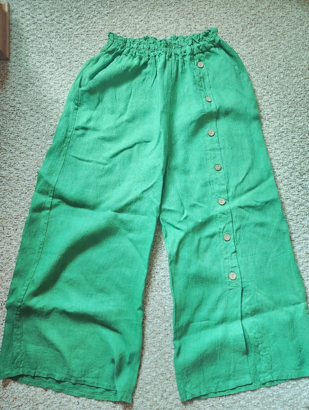 Womens 100% Linen Elastic-Waist Wide-Leg Pants